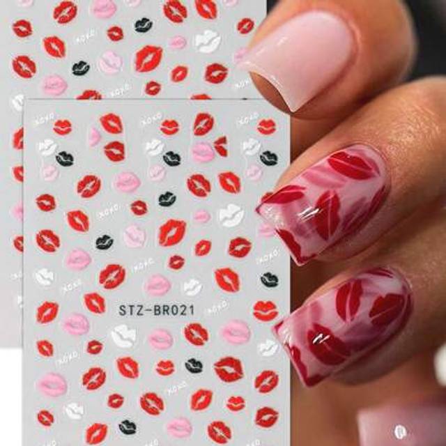 SHEIN 2PCS Glossy Kiss Print Nail Art Stickers, Red And Pink Lip Decals With Glitter Embellishment, Cartoon Love Theme Self-Adhesive Nail Decoration For Pla