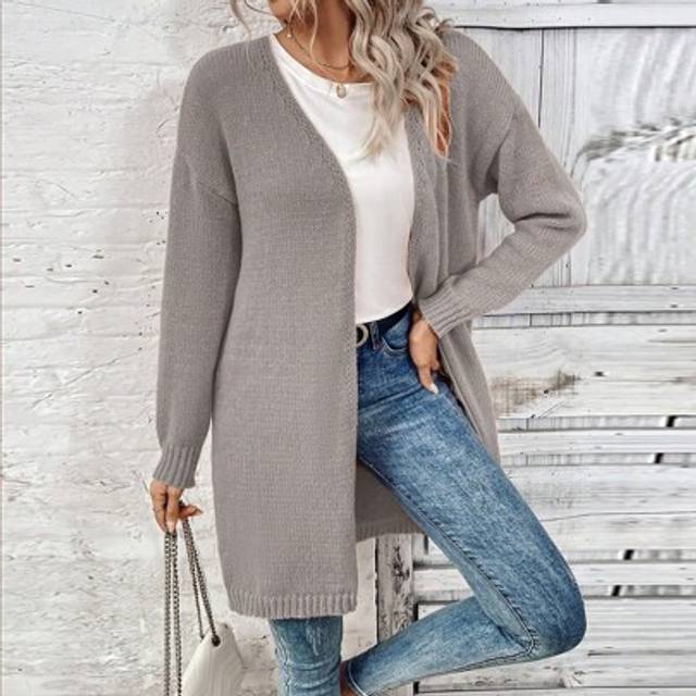 SHEIN 1pc Women Drop Shoulder Loose Fit Long Cardigan Sweater, Solid Color, Casual, Autumn/Winter Green Cardigangreen Cardigan Womenlong Sweater Cardiganlon
