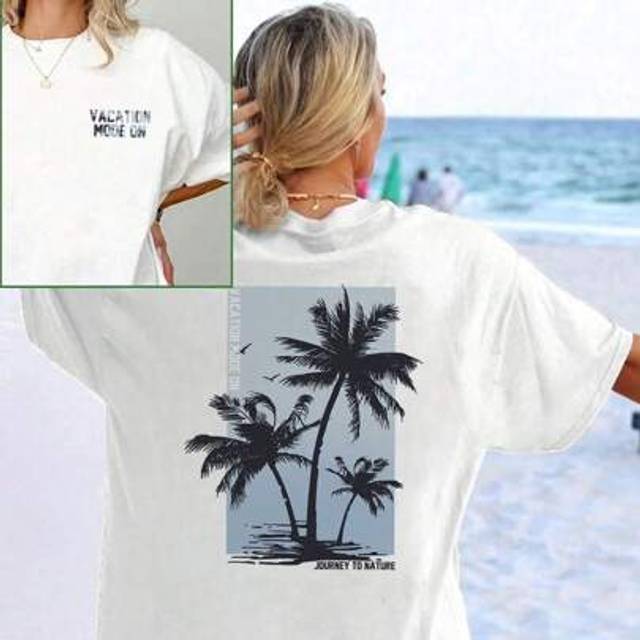 SHEIN Women&#39;s Summer Coconut Tree Graphic Round Neck Short Sleeved T Shirt ,Casual Loose And Versatile Holiday Style Tops,Fashionable Summer Outfits Suitabl