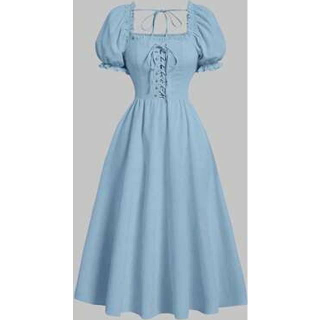 SHEIN Solid Lace Up Front Puff Sleeve Dress