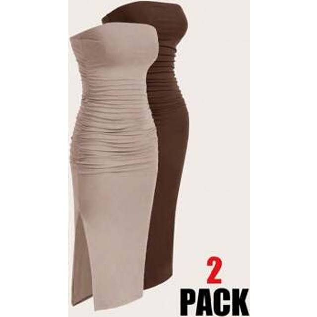 SHEIN Multi-Color Ruched Slit Up To Thigh Bandeau Bodycon Knit Dress For Women,Dresses For Women Summer
