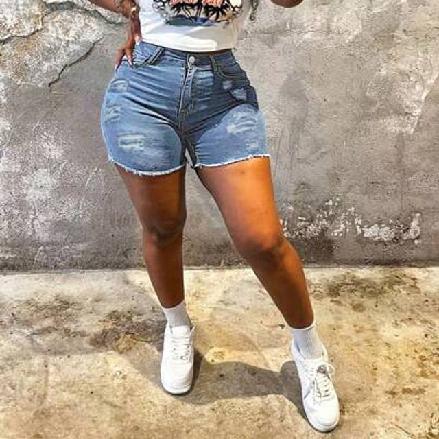 SHEIN Fitted Stretch Denim Shorts With Distressed Details And Frayed Hem For Women