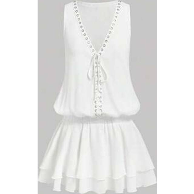 SHEIN Checkerboard Pattern Low Waist Double Tier Ruffle Hem White Chiffon Mini Dress,Western Wear Women,Elegant Dresses For Women,Vacation Dress,Beach,Boho,