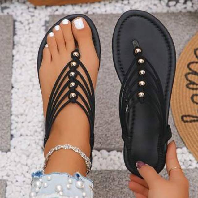 SHEIN Women&#39;s Elastic Strap Solid Color Bohemian Fashion Resort PU Leather Beaded Criss-Cross Flat Sandals, Suitable For Party, Beach, Outdoor, Summer