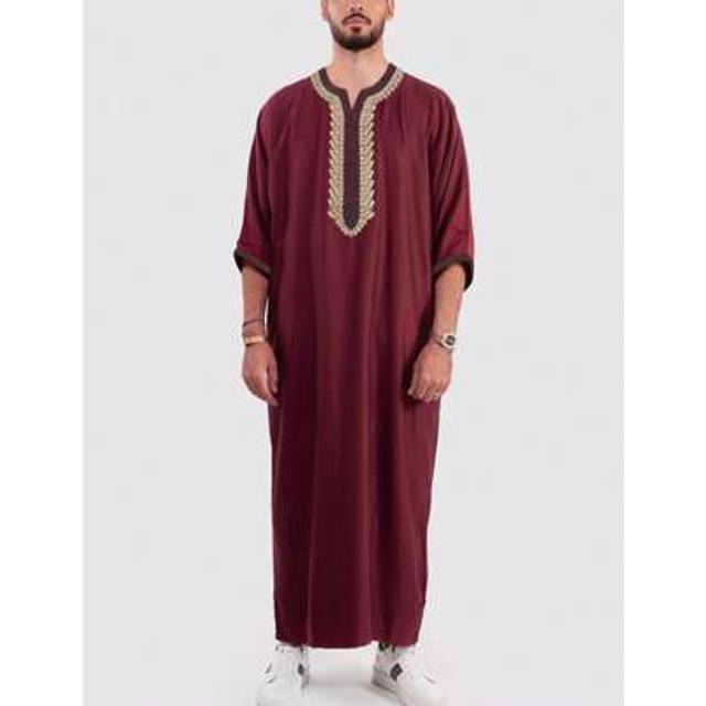 SHEIN Men&#39;s Moroccan Style Embroidered Short Sleeve Robe With Side Pockets, Islamic Men Loungewear