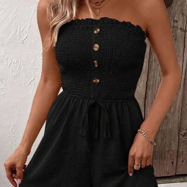 SHEIN Women Solid Color Ruffled Edge Strapless Jumpsuit, Suitable For Vacation