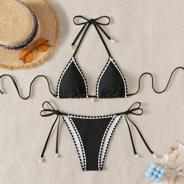 SHEIN Women&#39;s Holiday Stripe Rim Halter Neck Tie Sexy Bikini Set With Separated Swimwear,Summer Beach
