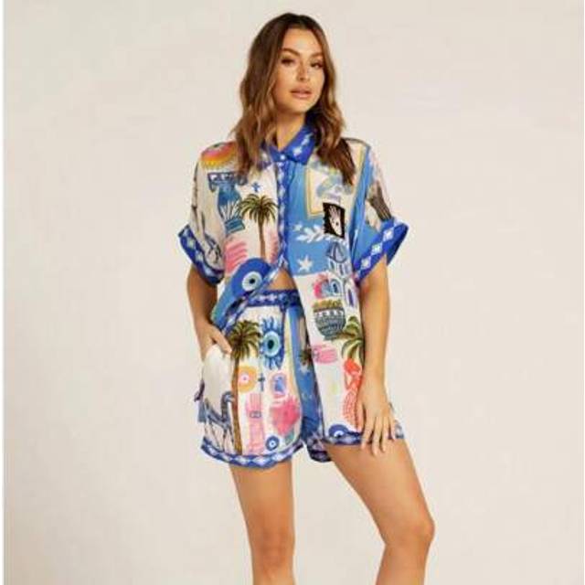SHEIN 2pcs Casual & Fashion Linen Blouse And Shorts Suit