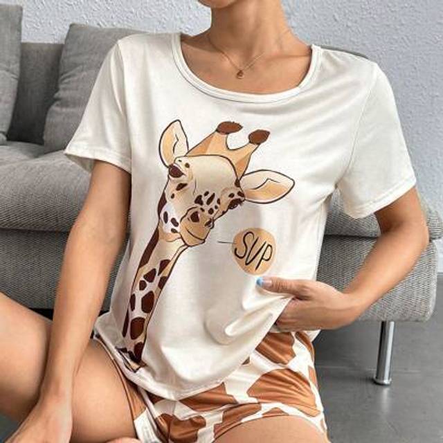 SHEIN Women Giraffe Print Casual Home Short Sleeve Shorts Pajama Set