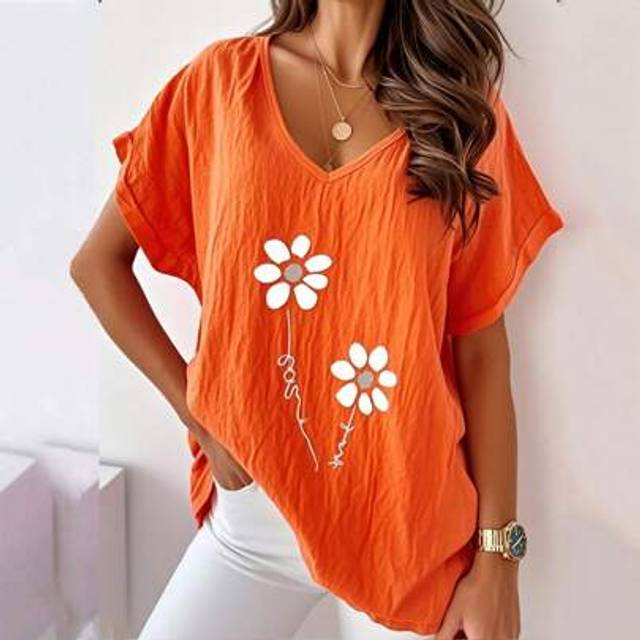 SHEIN Plus Size Women&#39;s Clothing Printed V-Neck Comfortable Washed Wrinkled Linen Fabric Casual Short Sleeve T-Shirt