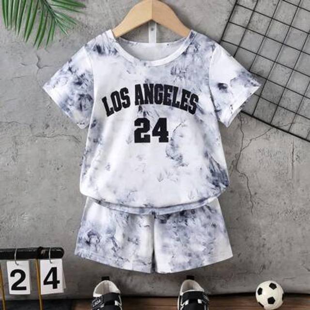 SHEIN Young Boy 2pcs Summer Tie Dye Letter Print Short Sleeve Crew Neck T-Shirt And Matching Tie Dye Print Shorts Set