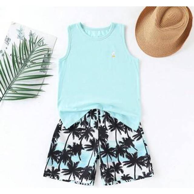 SHEIN 2pcs Boys Casual Set: Tree Print Sleeveless T-Shirt And Elastic Waist Hawaiian Shorts