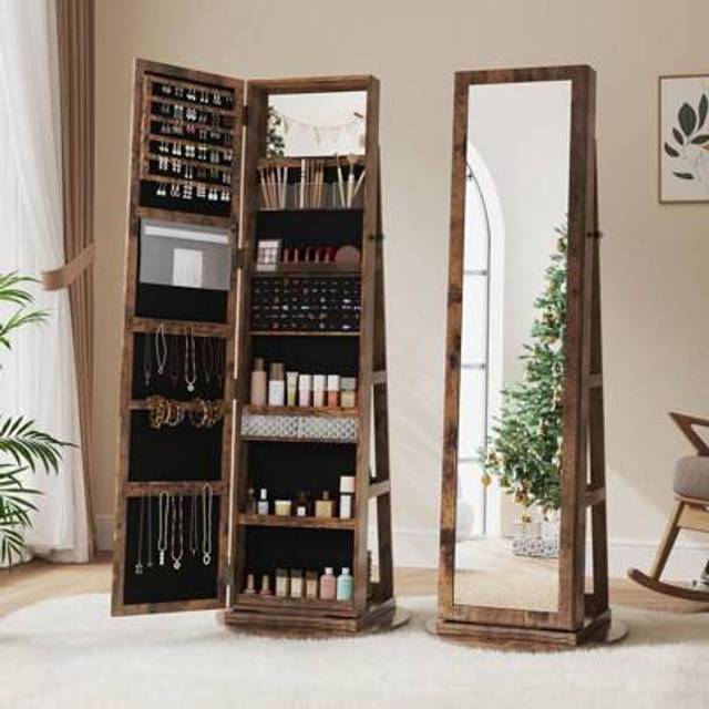 SHEIN 360Â° Swivel Jewellery Storage Organiser, 3 In 1 Lockable Jewellery Armoire With Storage Shelf, Freestanding Jewelry Organiser Full Length Mirror