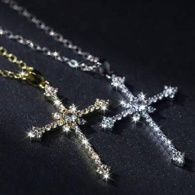 SHEIN 2pcs Gold & Silver Rhinestone Studded Star & Cross Pendant Necklace, Suitable For Weddings, Parties, Birthday, Daily Wear For Women