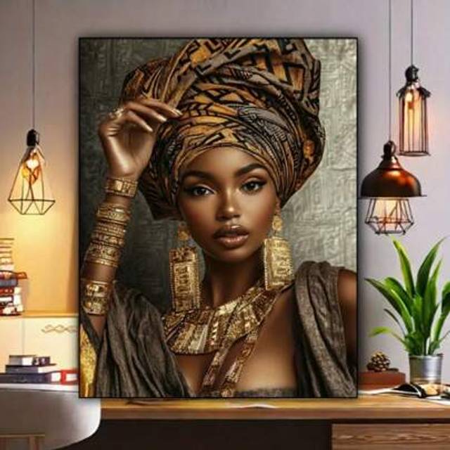 SHEIN A Beautiful African Queen Wearing Exquisite Headwear Portrait Theme Diamond Painting Round Artificial Diamond, 5D Diamond Painting Adult Set - DIY Pai
