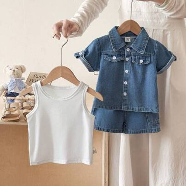 SHEIN 3pcs Baby Boy Spring/Summer Outfit Set With White Sleeveless Vest, Denim Collar Short Sleeve Jacket And Denim Shorts, Minimalist Style, Fitted Design,