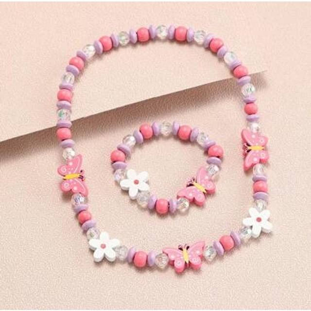 SHEIN 2Pcs Children Girls Wooden Pink Butterfly Charm Necklace With Bracelet Set For Little Princess Daily Wear Party Kids Gifts