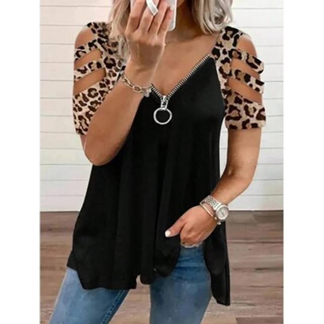 SHEIN Plus Size Casual V-Neck Leopard Patchwork Zip-Up T-Shirt