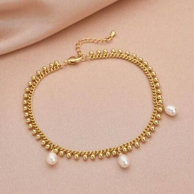 SHEIN 1pc Fashionable 18K Gold Plated Natural Faux Pearl Women&#39;s Anklet