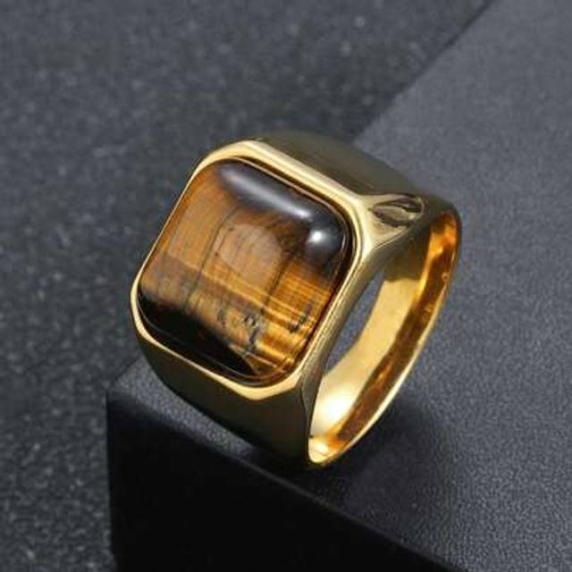 SHEIN Tiger&#39;s Eye Stone Ring Stainless Steel Casting Thick Ring Natural Stone Fashion Cool Unisex Summer Jewelry Fathers Dad Gift Friends Gift Couple Rings