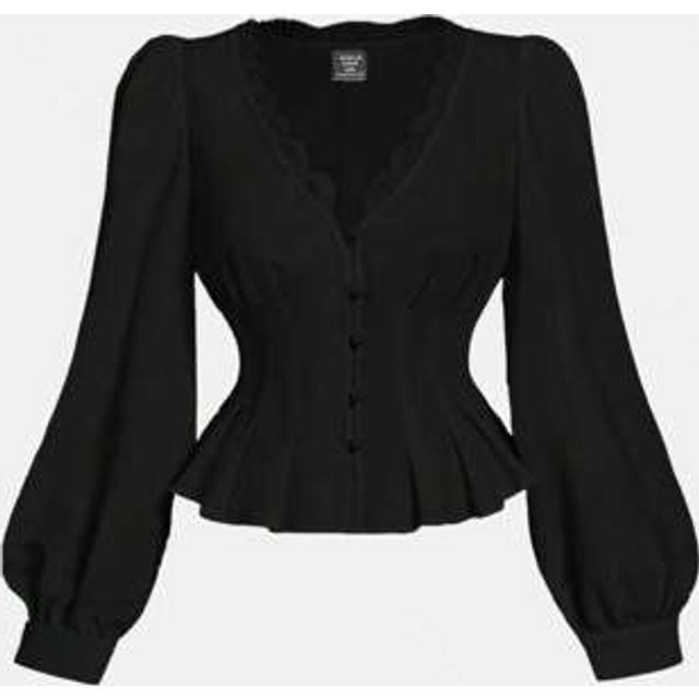 SHEIN Plus Size Black Vintage Elegant Lace Trim Open Front Blouse