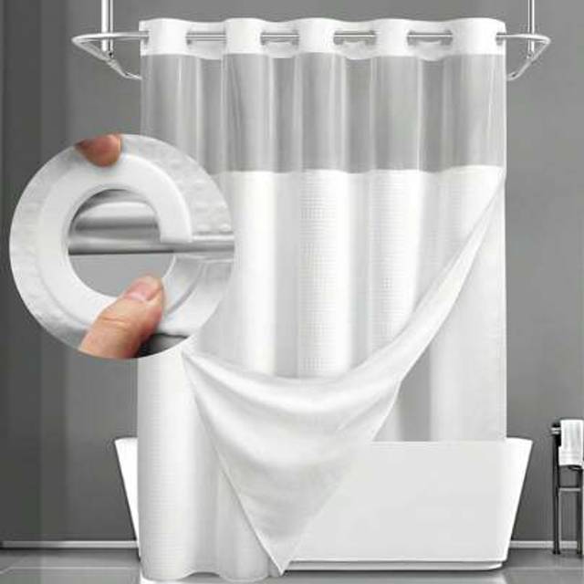 SHEIN No Hook Shower Curtain With Snap In Fabric Liner Set Less Time Waffle Shower Curtain For Bathroom 75&#34; L X 72&#34; W Home Bathroom Decor Summer