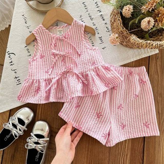 SHEIN Baby Girl Cute Summer Pink & White Striped Bow Sleeveless Top And Elastic Waist Shorts Set