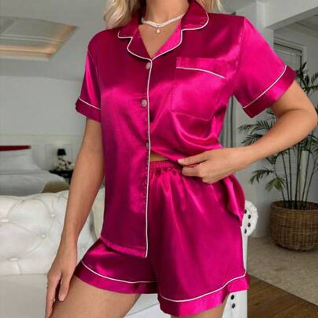 SHEIN Satin Lapel Collar Button Front Contrast Binding PJ Set / Pajama Set