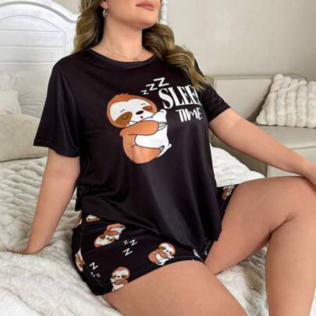SHEIN Plus Size Cute Sloth Print Pajamas Set