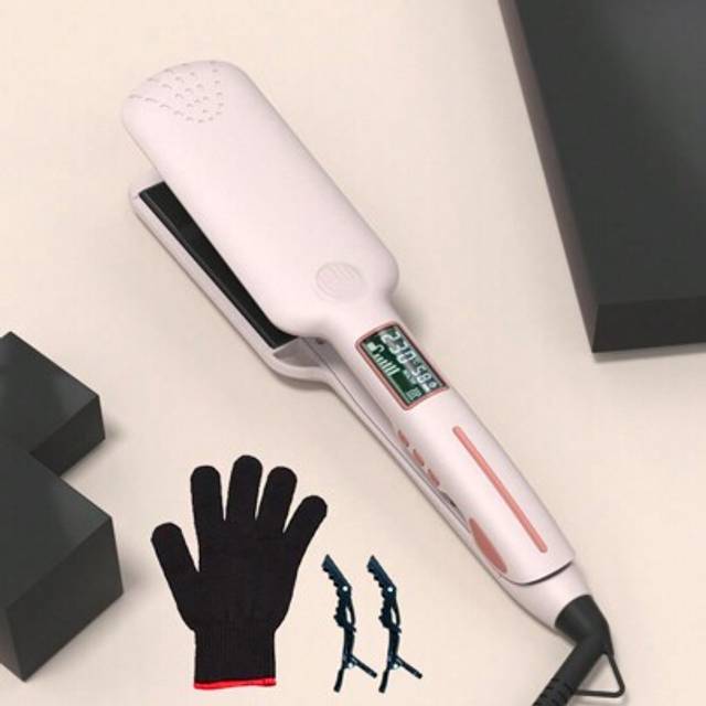 SHEIN 1pc Extra-Large Titanium Flat Iron Hair Straightener,LCD Display,Fast Heating,Dual Voltage Ceramic Straightening Irons, Auto Off, With Glove & 2 Clips