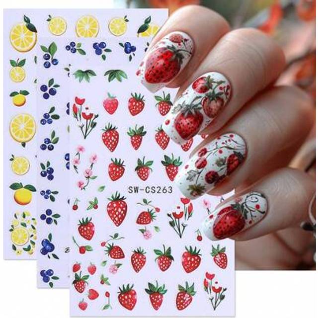 SHEIN 2/3pcs Fresh Fruits Kawaii Nail Art Stickers Strawberry Blueberry Lemon Decals Red Blue Yellow Fruit Nail Designs DIY Self Adhesive Summer Spring Nail
