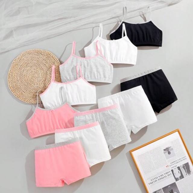 SHEIN 10pcs Set Tween Girl Simple Front Closure Bra Vest Panties Underwear Set, Multi-Color Spaghetti Strap, Black/White/Gray, Sport Bra Panties With Waistb
