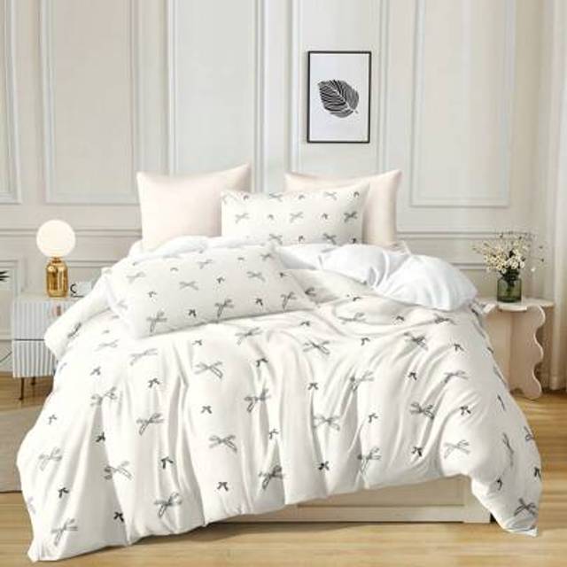 SHEIN 3pcs Ivory & Gray Bowknot Pattern Bedding Set (1 Duvet Cover + 2 Pillow Shams, Without Filler), Soft Polyester Fabric, Suitable For Bedroom, All Seaso