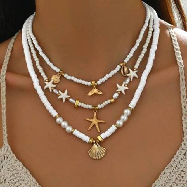 SHEIN 3pcs/Set Vintage Soft Ceramic Beaded Ocean-Themed Necklace Set, Summer. Including Metallic Mermaid, Starfish And Seashell Pendants. Perfect For Beach
