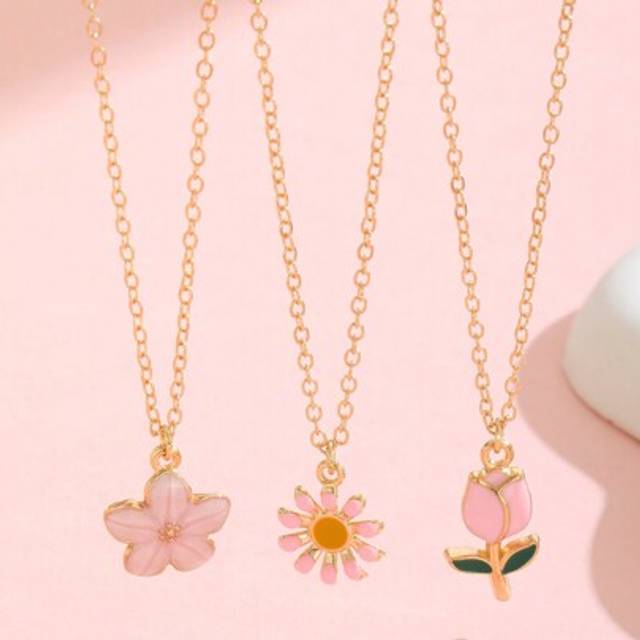 SHEIN 3pcs/Set Teen Girls Sweet Fashion Popular Five-Leaf Flower Tulip & Sunflower Charm Necklace For Kids Party Banquet New Year Jewelry For Back To School
