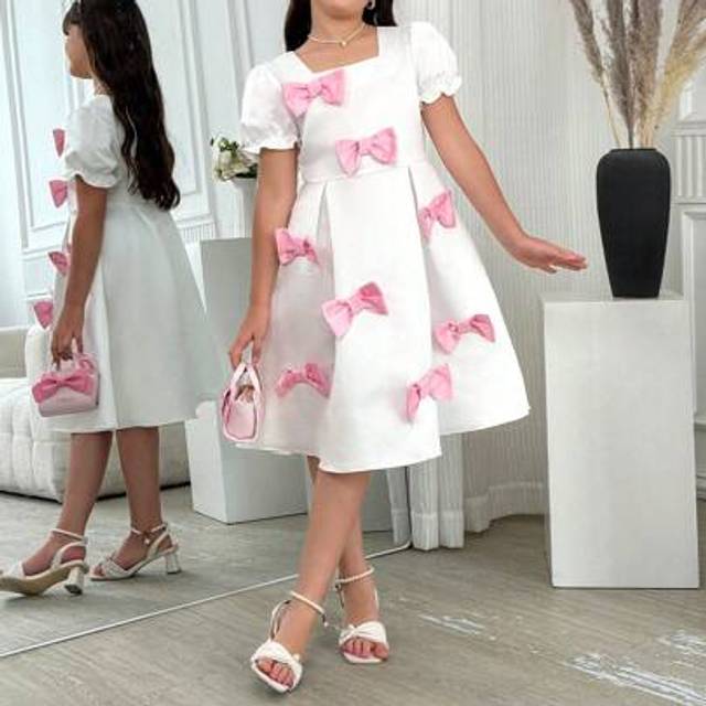 SHEIN Tween Girl Elegant Sweet Luxurious Textured Bow Decor Slip Dress