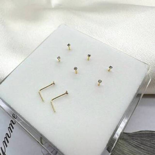 SHEIN 6pcs 1.5mm Rhinestone L-Shape Nose/Ear Studs 925 Sterling Silver Body Piercing Nose Pins, Suitable For Women/Girlfriend