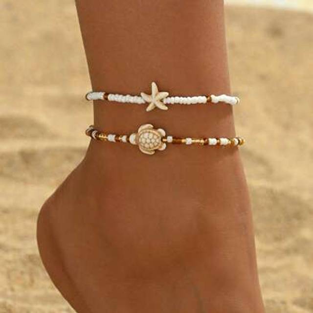 SHEIN 2pcs/Set Bohemian Beaded Anklet In Goldtone, Fashion Ocean Creature Design Foot Jewelry Suitable For Daily Wear And Beach Vacation