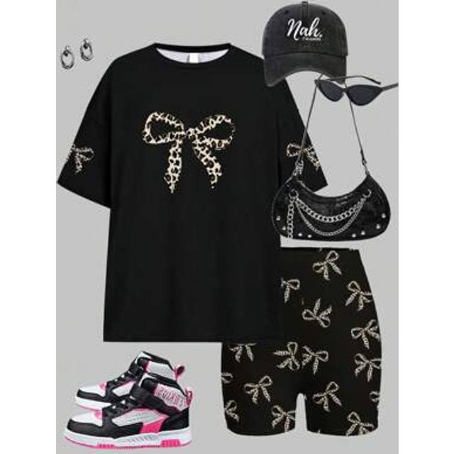 SHEIN 2pcs Teen Girl Casual Chic Leopard Bow Print Short Sleeve Loose T-Shirt And Leggings Set, Suitable For Summer