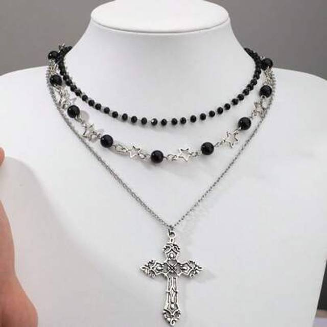 SHEIN 3pcs Bohemian Style Necklace Set Featuring Star, Cross, Black Pearl, Crystal Beads & Heart Pendant, Goth And Hipster Inspired Jewelry