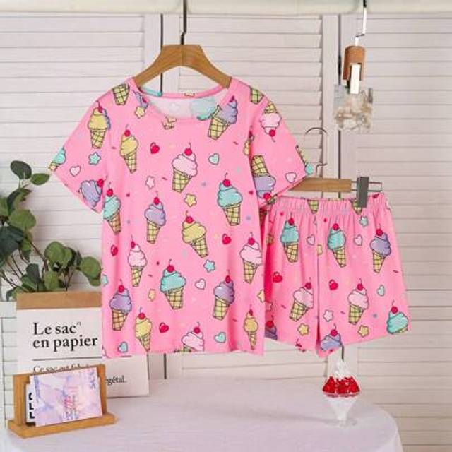SHEIN Sweet & Cute Ice Cream & Heart Pattern Girls Pajamas, Perfect For Summer