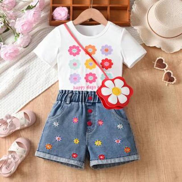 SHEIN 2pcs Young Girl Colorful Floral Print Round Neck T-Shirt And Embroidered Denim Shorts Set, Casual/Vacation/Outdoor Wear