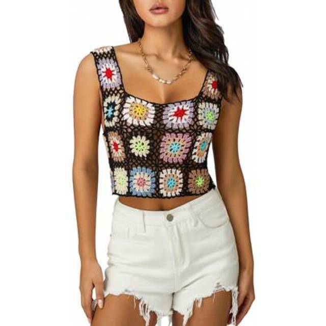 SHEIN Womens Crochet Tank Top Knit Colorful Floral Embroidery Summer Boho Camisole Hollow Out Top