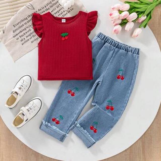SHEIN Young Girl Valentine&#39;s Day 2pcs Casual Waffle Pattern Cap Sleeve T-Shirt & Embroidered Cherry Denim Pants Set, Fit For Valentine&#39;s Day Wear