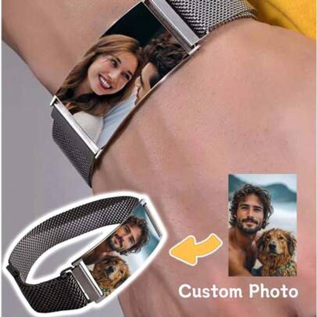 SHEIN 1 Pc Custom UV Color Print Photo Laser Engraving, Stainless Steel Bracelet Mesh Chain, Men&#39;s Engraved Bracelet Jewelry, Anniversary | Father&#39;s Day Gif