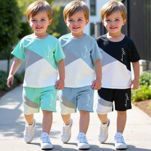 SHEIN 6pcs/Set Toddler Boys Casual Sports College Style Chic Cute Tricolor Letter Print Short Sleeve T-Shirt + Shorts Set, Suitable For Daily Wear, School,