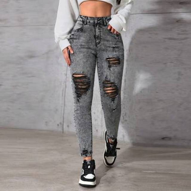 SHEIN Grey Snow Flower Asymmetrical Distressed Elastic Skinny Jeans