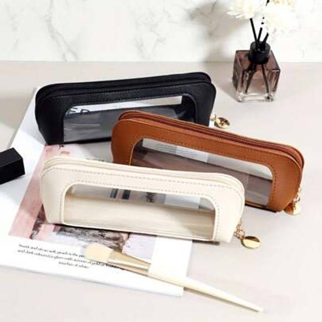 SHEIN 1/2pcs Portable Cosmetic Bag Waterproof PU Cosmetic Bag, Transparent Travel Cosmetic Bag With Zipper, Portable Toiletries Storage Bag Wash Travel Bag