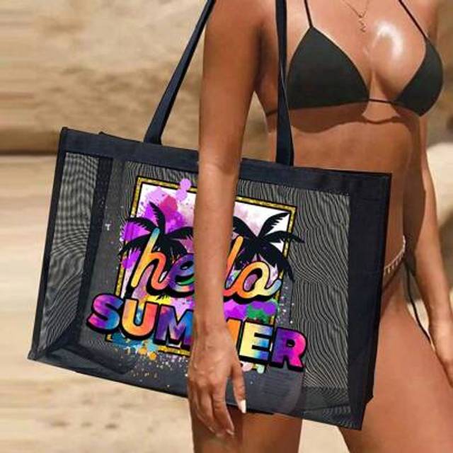 SHEIN Large Capacity Mesh Tote Beach Bag - Vibrant Summer Pattern, Spacious Beach Bag For Vacation, Shopping, And Storage, Perfect For Teen Girls, Women, Co