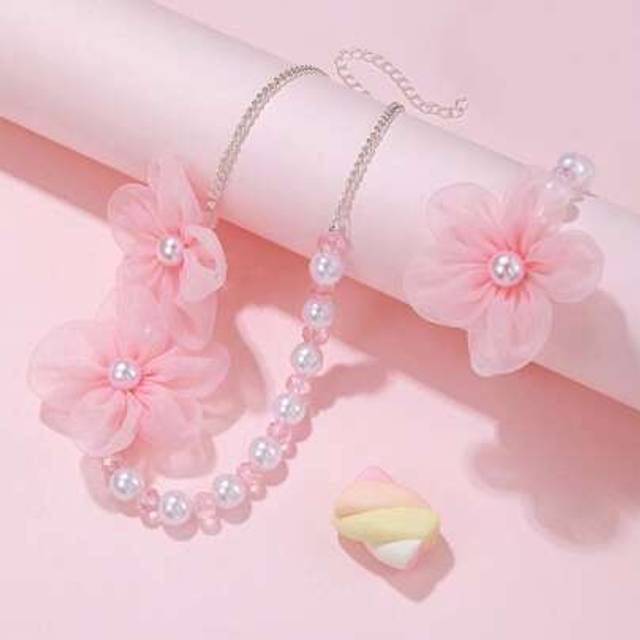 SHEIN 2pcs Pink Mesh Flower Pearl Bracelet Necklace Jewelry Set, Cute Princess Style For Kids